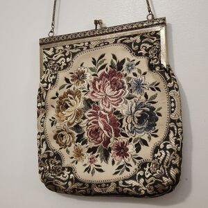 Vintage Floral Needlepoint Kisslock Bag | Made in Hong Kong Rose Metallic Thread